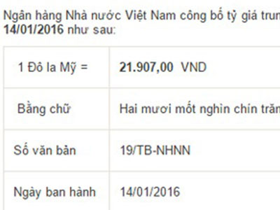 Tỷ giá trung tâm ngày 14/1: Giảm thêm 2 đồng về 21.907 đồng