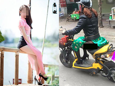 Thảm họa áo dài "quên" mặc quần phóng xe trên phố