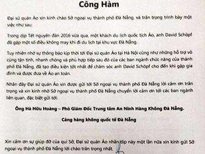 Đại sứ Áo gửi công hàm cảm ơn an ninh hàng không Đà Nẵng