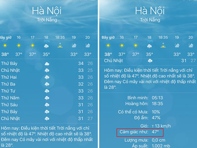 Nhiệt độ ngoài trời Hà Nội thực tế là gần 50 độ C