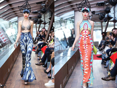 Jessica Minh Anh catwalk trên sàn diễn nổi ở sông Seine