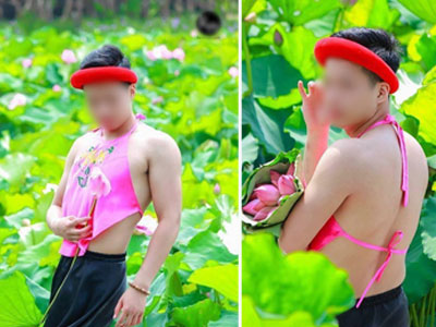 Chàng trai mặc yếm hồng chụp với hoa sen: "Phụ nữ làm được thì chúng tôi cũng làm được"