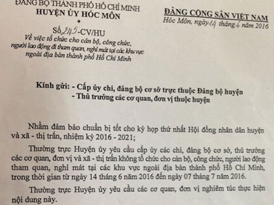 Huyện Hóc Môn cấm cán bộ đi nghỉ mát ngoài TP HCM?