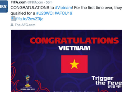 FIFA chúc mừng Việt Nam lần đầu dự U20 World Cup