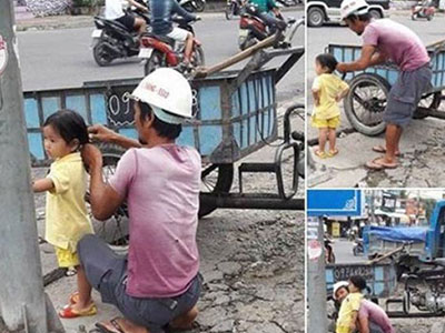 Bức ảnh người bố công nhân buộc tóc cho con gái khiến cư dân mạng “tan chảy”