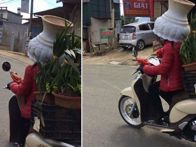 Hết hồn mốt mũ bảo hiểm mới do chị em tạo ra: Chậu cây đội đầu