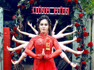 Cô dâu, chú rể Cần Thơ tạo dáng vui nhộn trong lễ ăn hỏi
