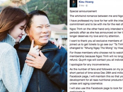 Tỉ phú Hoàng Kiều bất ngờ tuyên bố chia tay Ngọc Trinh không một lý do