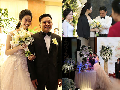 Hoa hậu Thu Ngân hôn chồng đại gia trong tiệc cưới