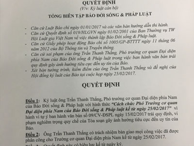 Báo ĐS&PL cách chức Phó trưởng Cơ quan Đại diện phía Nam