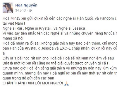 Hòa Minzy viết tâm thư xin lỗi cộng đồng fan Kpop
