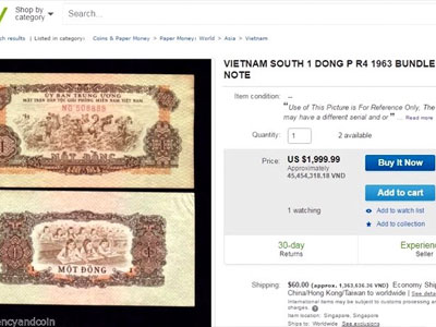Tiền cũ 1 đồng Việt Nam rao bán 45 triệu trên eBay