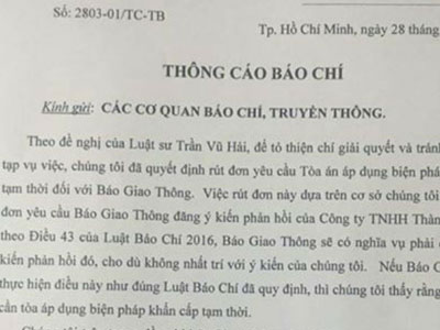 Thành Bưởi đề nghị rút “trát” cấm đăng báo với báo Giao thông