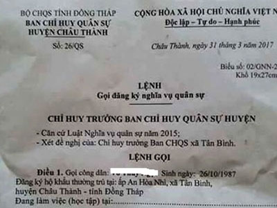 Một phụ nữ 30 tuổi bị gọi đăng ký nghĩa vụ quân sự?