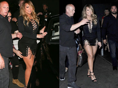 Mặc váy xẻ táo bạo, Mariah Carey khốn khổ khi bước lên xe