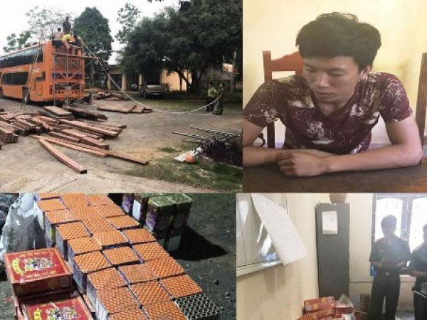 Xe khách biển số Lào vận chuyển hơn 400kg pháo và gần 3 khối gỗ lậu