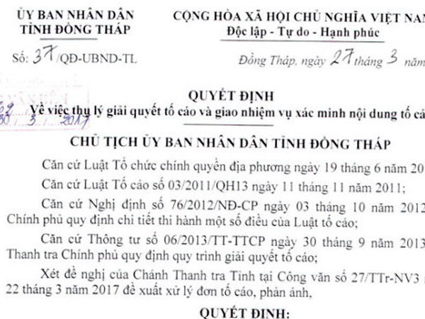 Chủ tịch Đồng Tháp nhận sai vì lộ thông tin người tố cáo