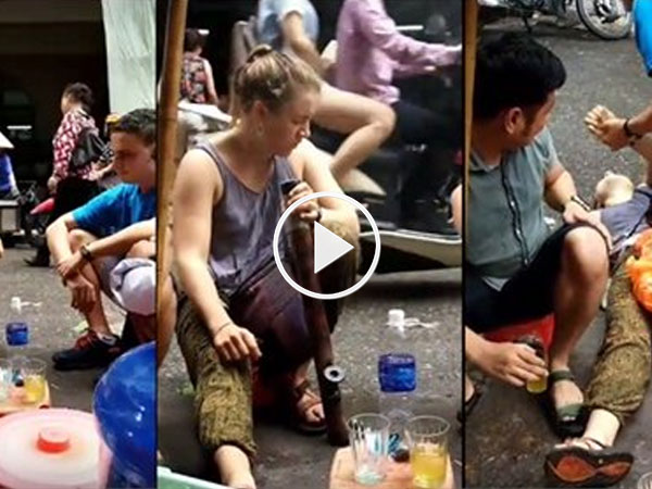 Video cô gái Tây say thuốc lào ngã ngửa trên phố sốt xình xịch
