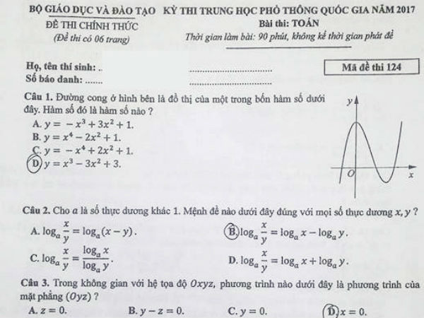 Đề thi, bài giải môn Toán THPT quốc gia 2017