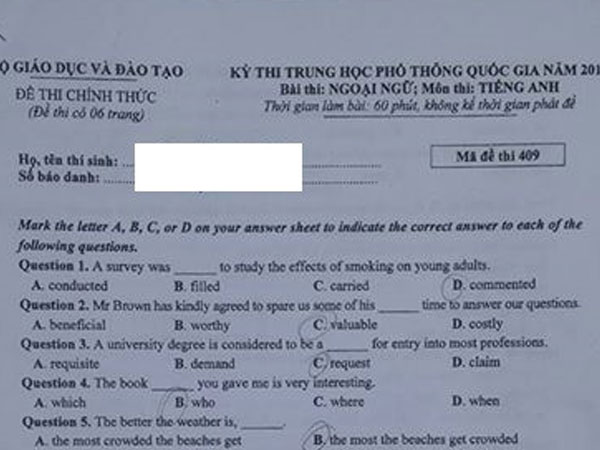 Đề thi, bài giải môn Tiếng Anh THPT quốc gia 2017