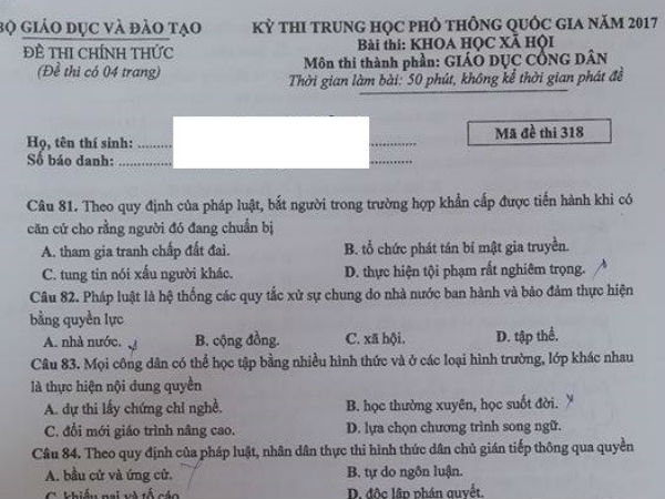 Đáp án các mã đề thi môn Giáo dục công dân kỳ thi THPT Quốc gia 2017