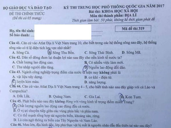 Đáp án đầy đủ nhất các mã đề thi môn Địa lý kỳ thi THPT Quốc gia 2017