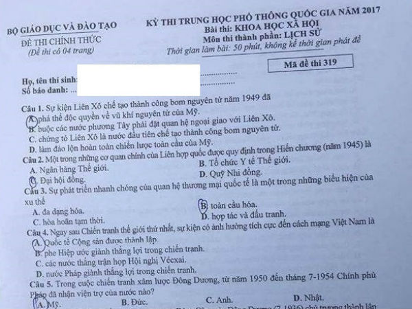 Đáp án đầy đủ nhất các mã đề thi môn Lịch sử kỳ thi THPT Quốc gia 2017
