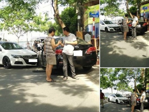 Sau va chạm xe, hai tài xế xuống bắt tay nhau và phân làn đường