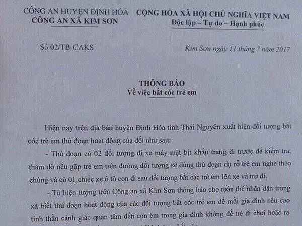 Thái Nguyên: Thực hư chiêu dụ dỗ trẻ em rồi bắt cóc đưa lên xe ô tô, công an phải ra thông báo