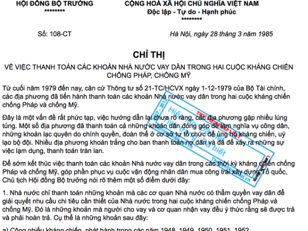 Bộ Tài chính đôn đốc trả nợ tiền vay dân trong 2 cuộc kháng chiến