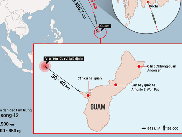 (Infographics) Kế hoạch dùng 4 tên lửa đạn đạo tấn công Guam của Triều Tiên