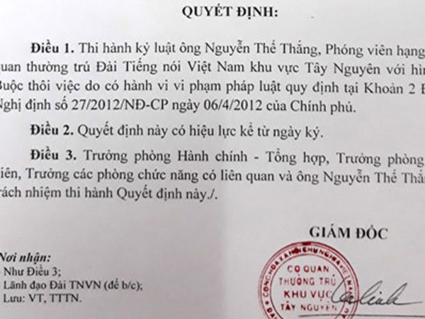 Kỷ luật buộc thôi việc phóng viên VOV bị khởi tố "cưỡng đoạt tài sản"