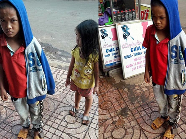 Hình ảnh bé trai bị xích chân giữa chợ khiến nhiều người bức xúc