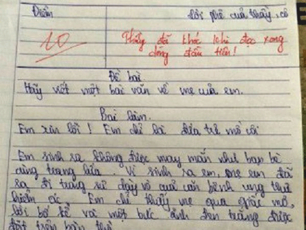 Bài văn tả mẹ đạt điểm 10 khiến thầy giáo phải bật khóc ngay khi đọc dòng đầu tiên