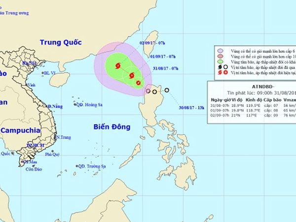Dự báo thời tiết mới nhất ngày 1/9/2017: Áp thấp nhiệt đới gió giật cấp 10 , sắp mạnh lên thành bão