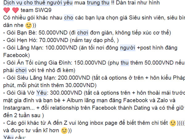 Thực hư dịch vụ thuê người yêu đi chơi trung thu đang rầm rộ trên mạng