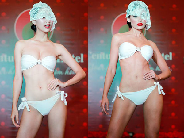 Hà Thu và các người đẹp Miss Earth che mặt diễn bikini